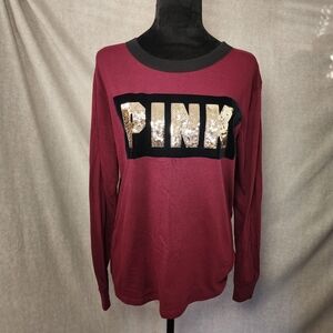 Victoria Secret PINK Sz S Long Sleeve Blouse Gold Sequin Burgundy Cozy Y2K